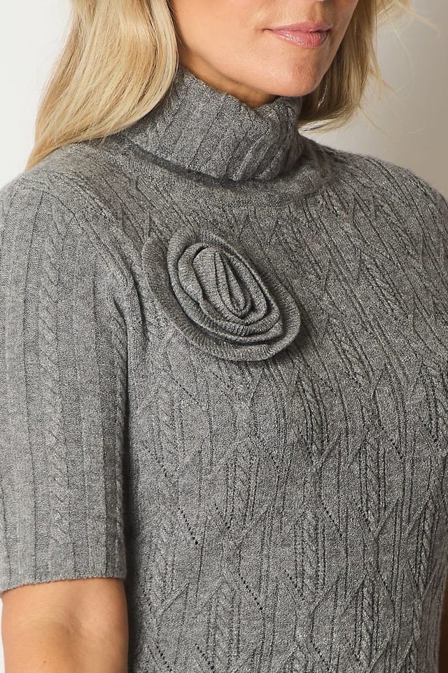 SOLO SOLO Women's Knit Turtleneck Dress with Rosette Detail in Grey - 3