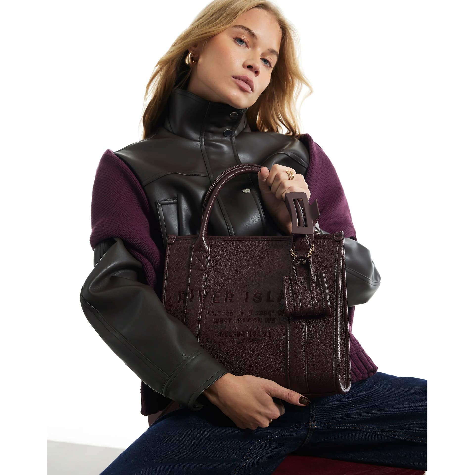River Island River Island Womens Burgundy Faux Leather Embroidered Tote Bag