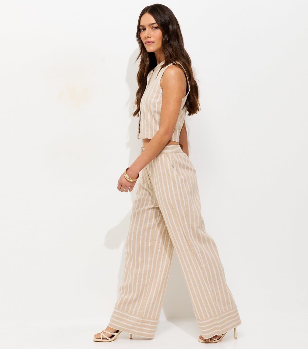 New Look New Look Cream Linen Striped Wide Leg Trousers
