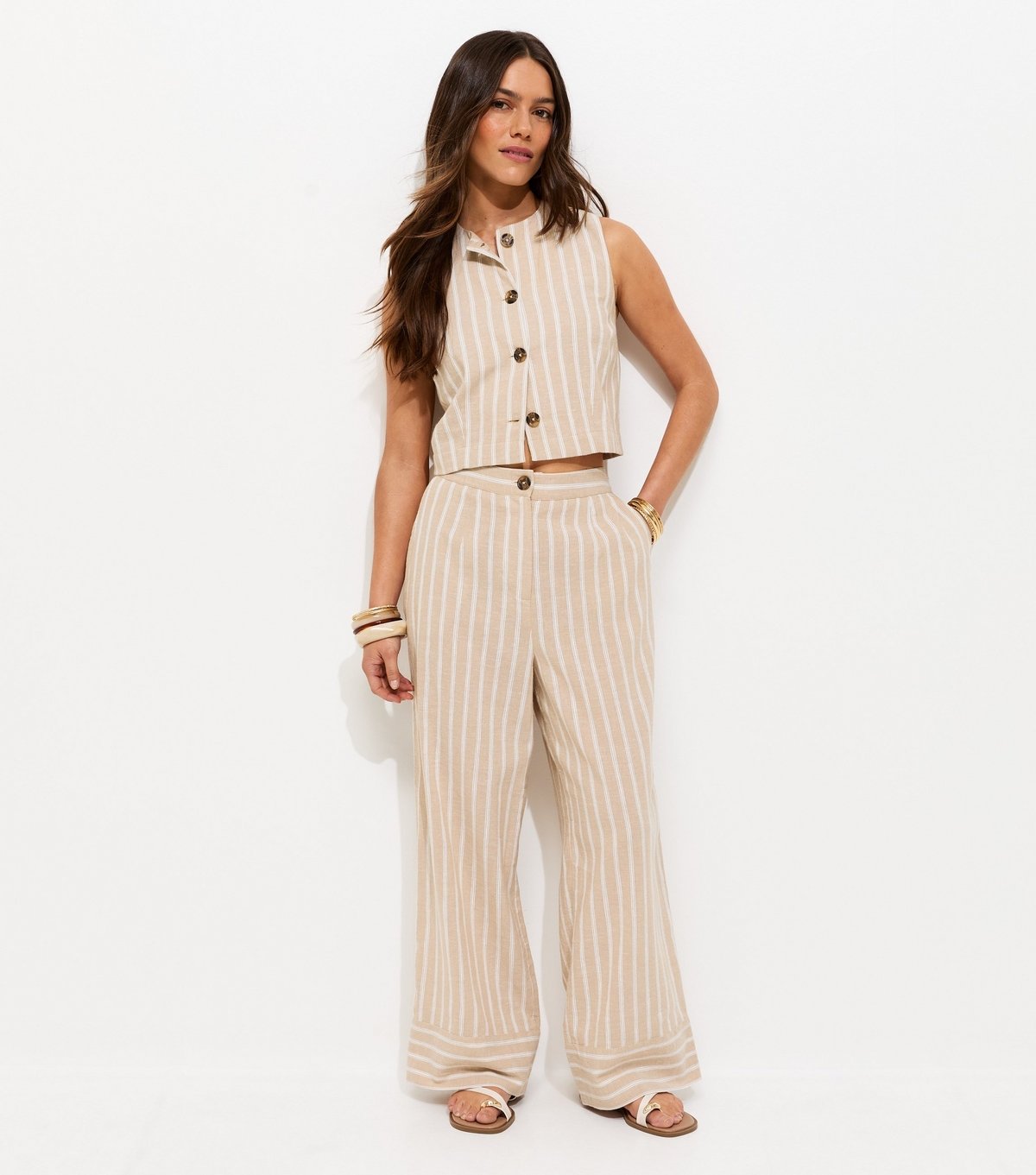 New Look Women's Petite Cream With Linen Striped Wide Leg Trousers New Look - 3
