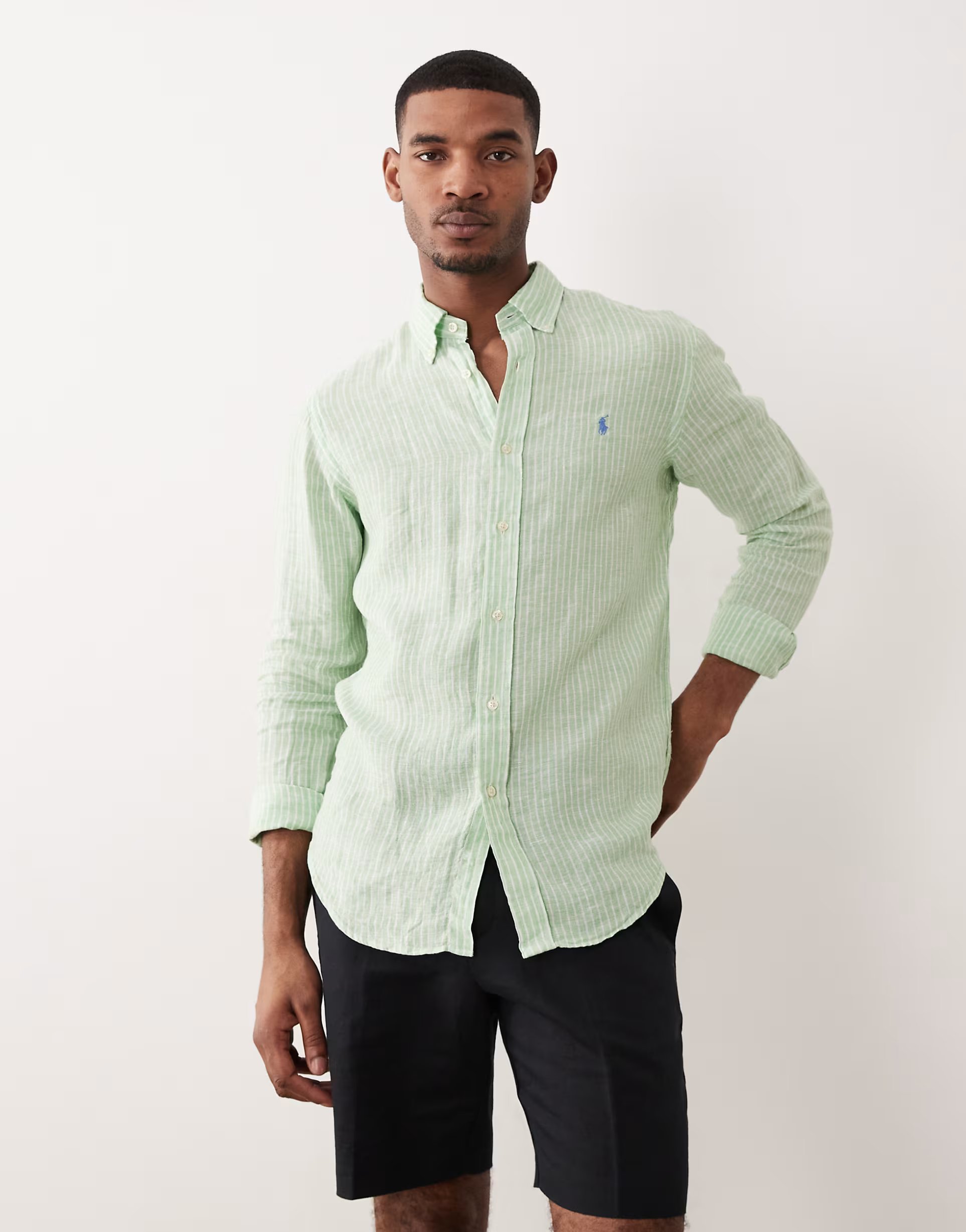 ASOS Polo Ralph Lauren icon logo striped linen long sleeve shirt in light green and white - 1