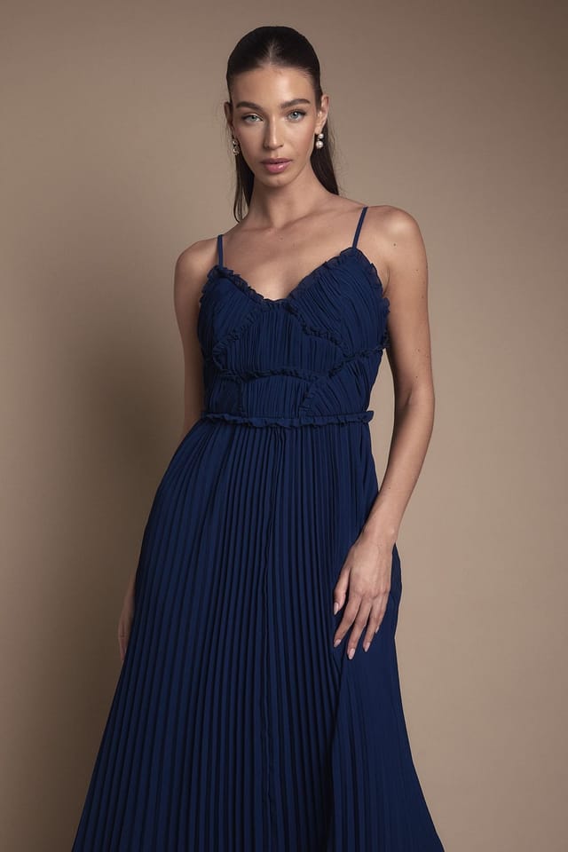 Oasis Oasis Women's Strappy Pleated Bridesmaid Dress With Ruffle Detail in Navy - 2