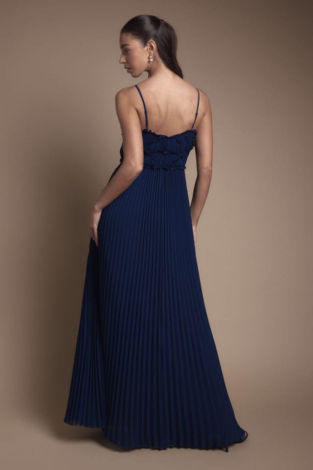 Oasis Oasis Women's Strappy Pleated Bridesmaid Dress With Ruffle Detail in Navy - 3