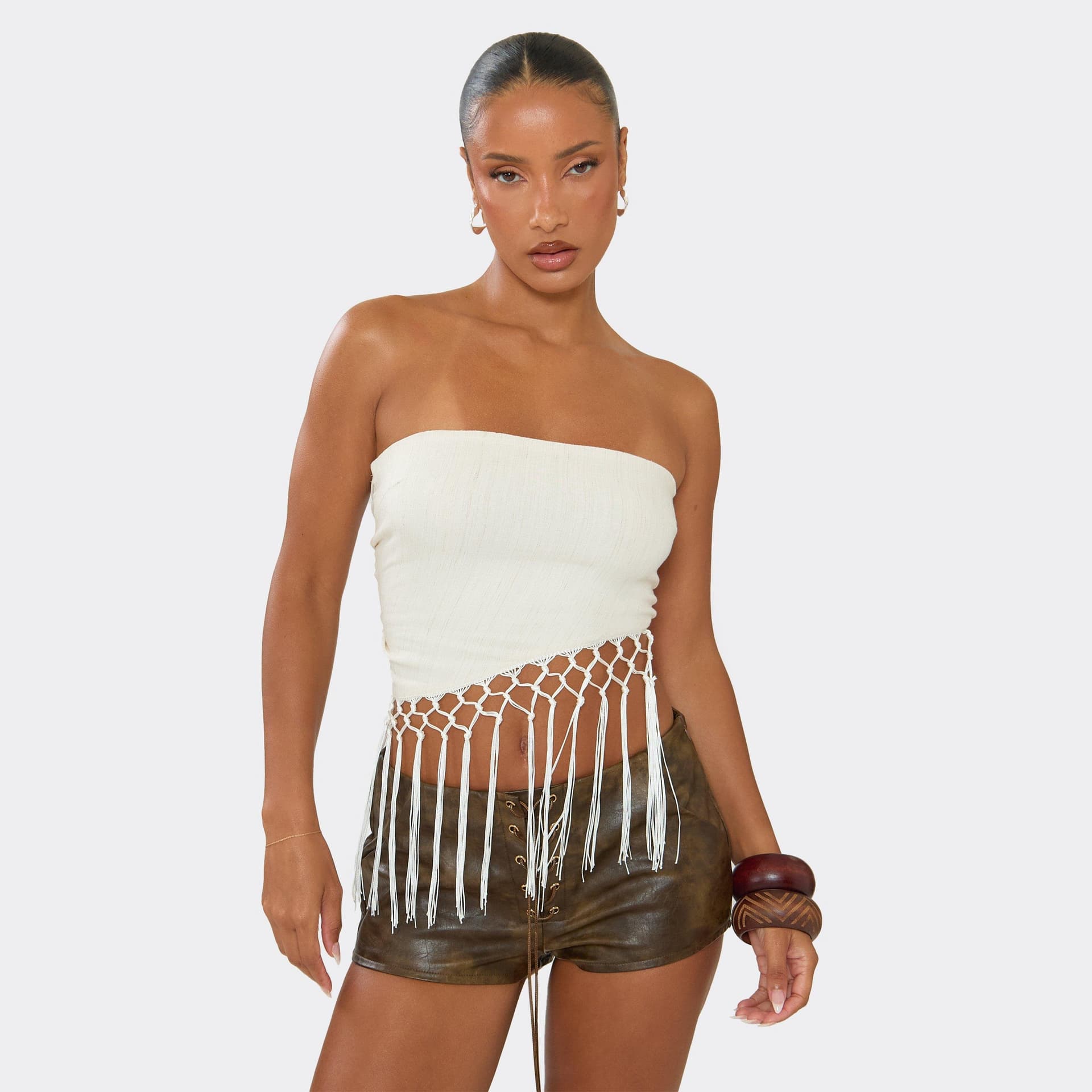 EGO Bandeau Fringing Hem Tie Back Top In Cream, Women's Size UK 6