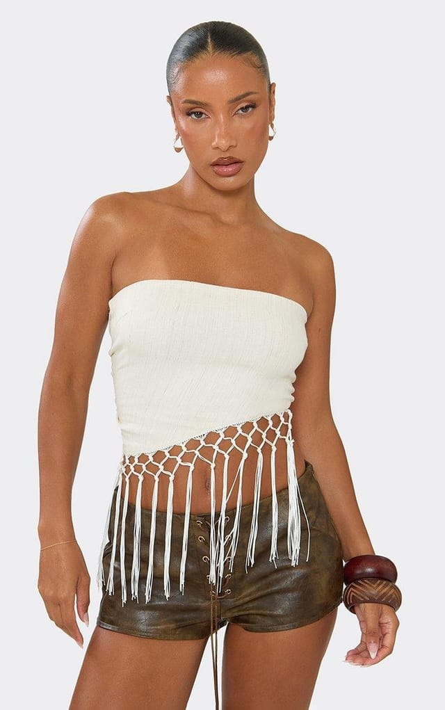 EGO Bandeau Fringing Hem Tie Back Top In Cream, Women's Size UK 6 - 2