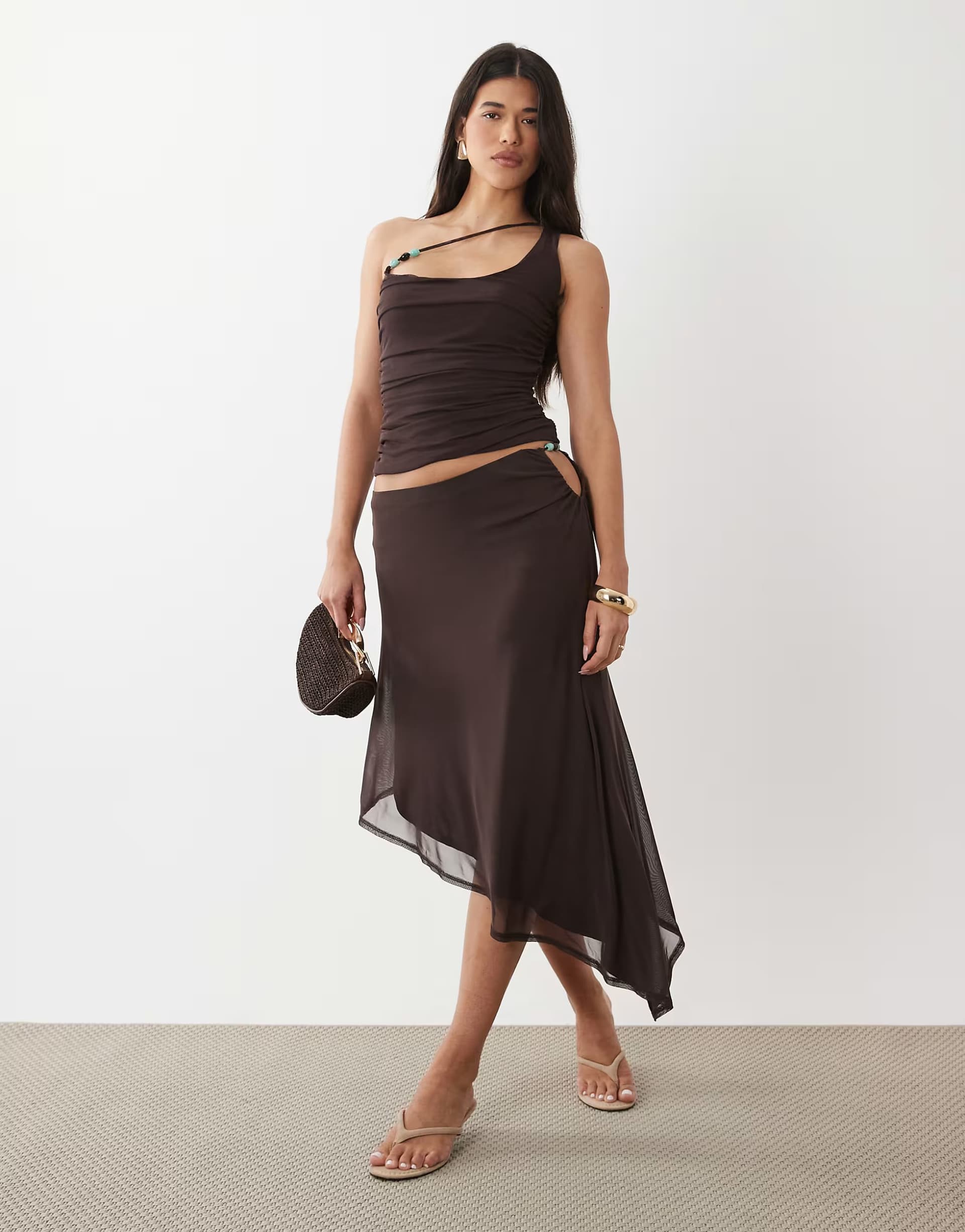 ASOS ASOS DESIGN mesh asymmetrical co-ord with beads in brown