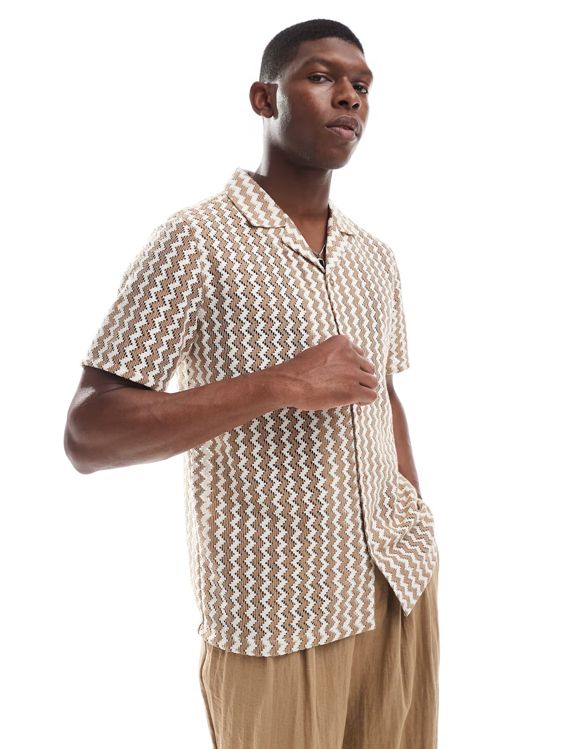ASOS New Look zig zag revere crochet shirt in light brown