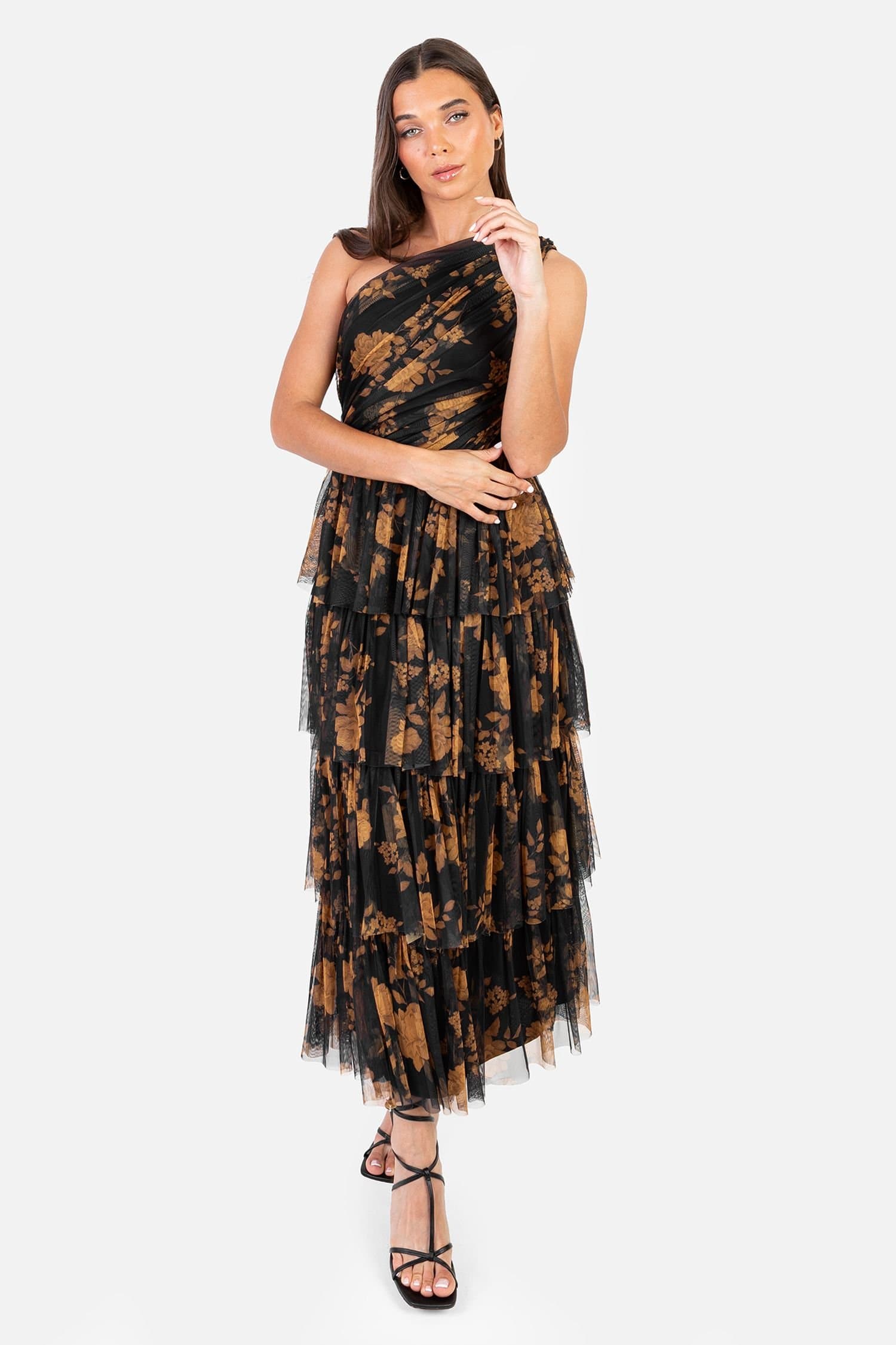 Anaya with Love Anaya with Love Women's Floral One Shoulder Tiered Midi Dress in Black