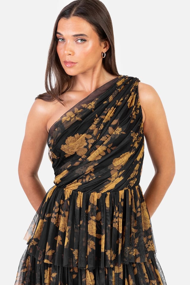Anaya with Love Anaya with Love Women's Floral One Shoulder Tiered Midi Dress in Black - 2