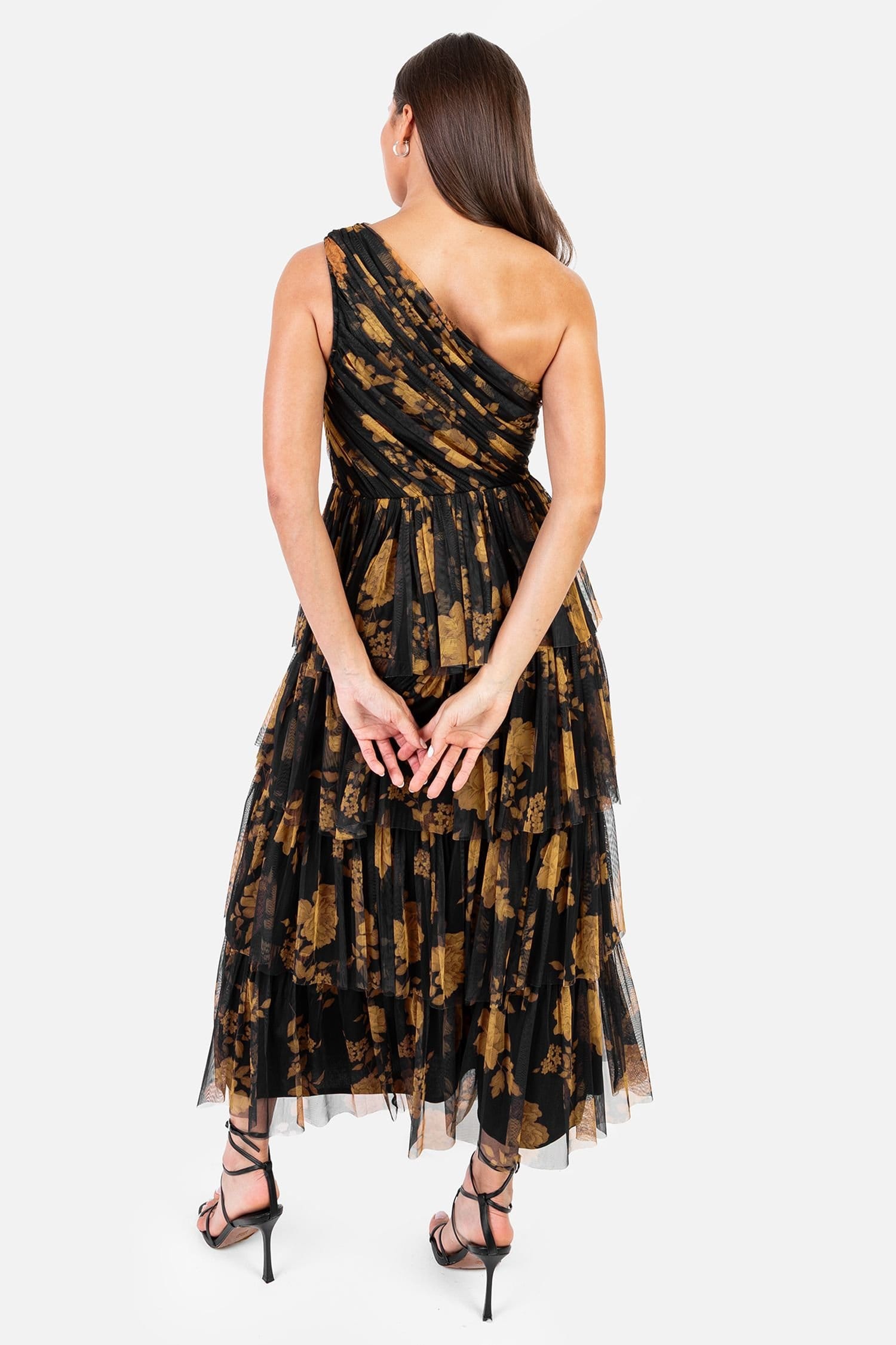 Anaya with Love Anaya with Love Women's Floral One Shoulder Tiered Midi Dress in Black - 4