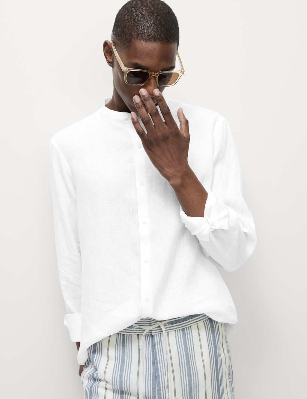 Marks & Spencer M&S Pure Linen Grandad Collar Shirt White
