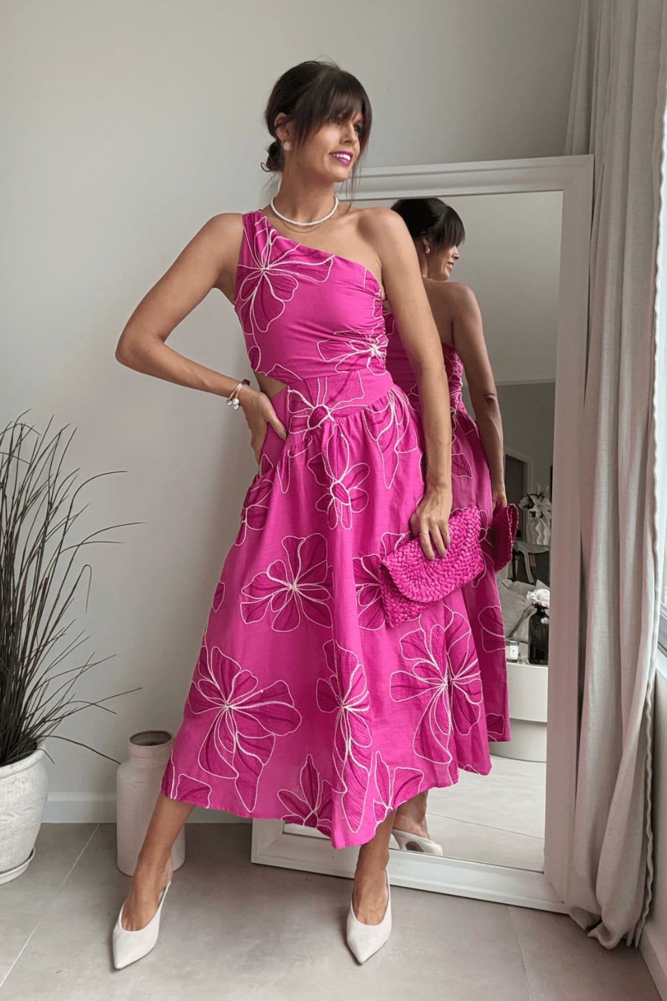 Style Cheat Style Cheat Women's Jasmine One-Shoulder Cut-Out Midi Pink Dress - 4