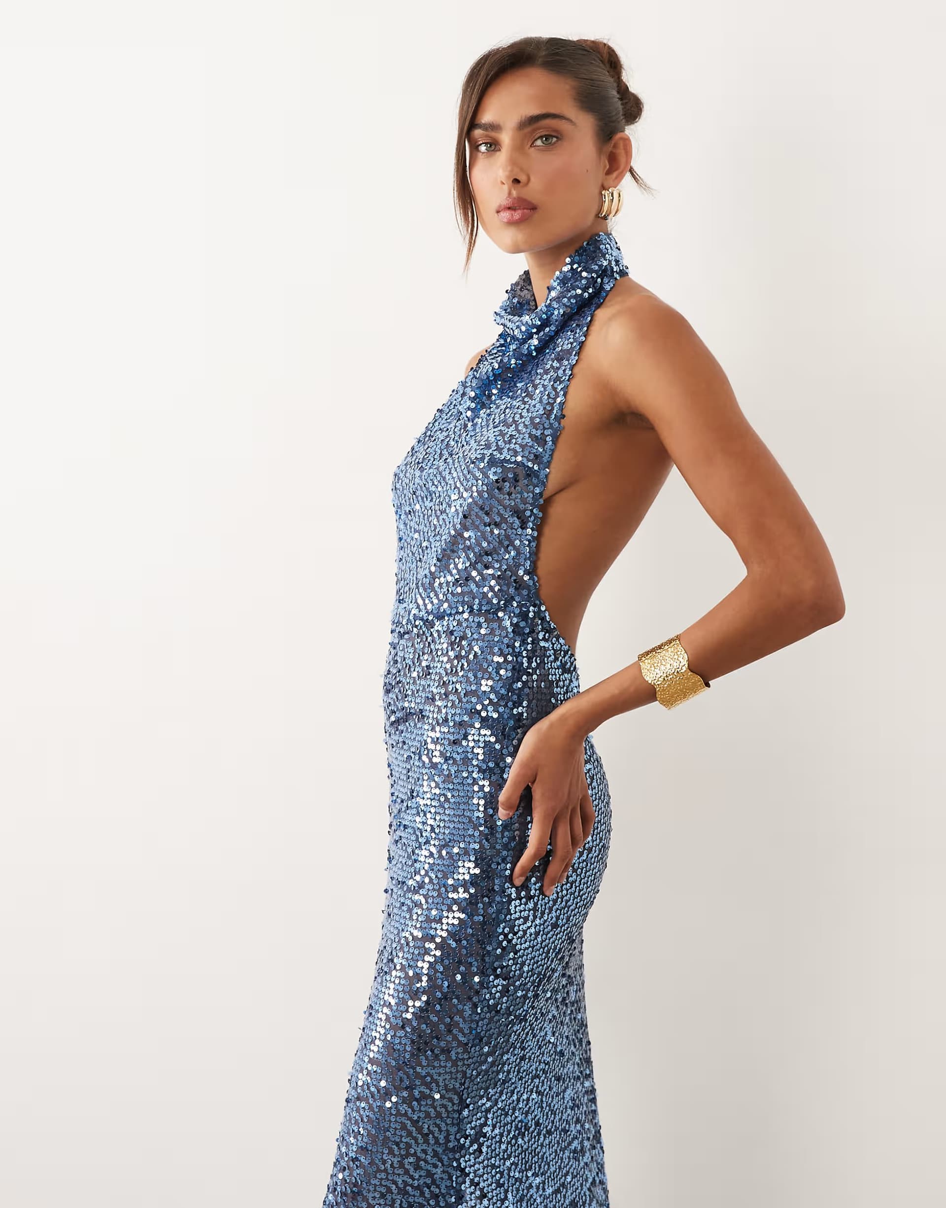 ASOS ASOS DESIGN embellished sheer sequin halter maxi dress in blue
