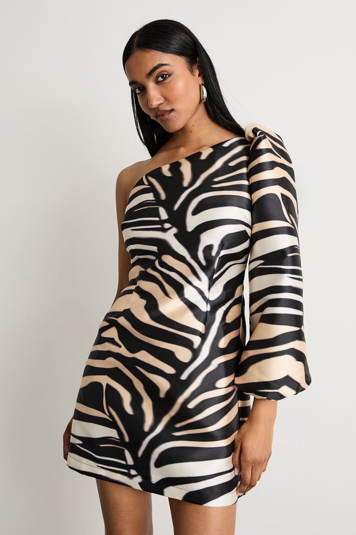 Warehouse Warehouse Women's One Shoulder Puff Sleeve Mini Dress in Zebra