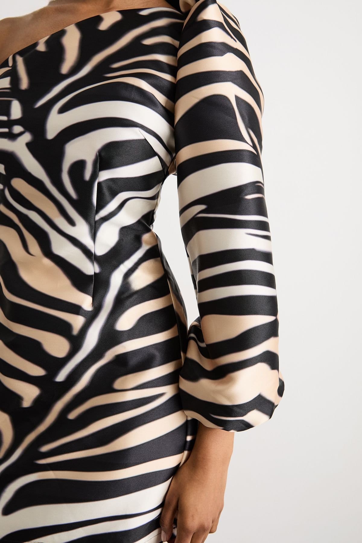 Warehouse Warehouse Women's One Shoulder Puff Sleeve Mini Dress in Zebra - 4