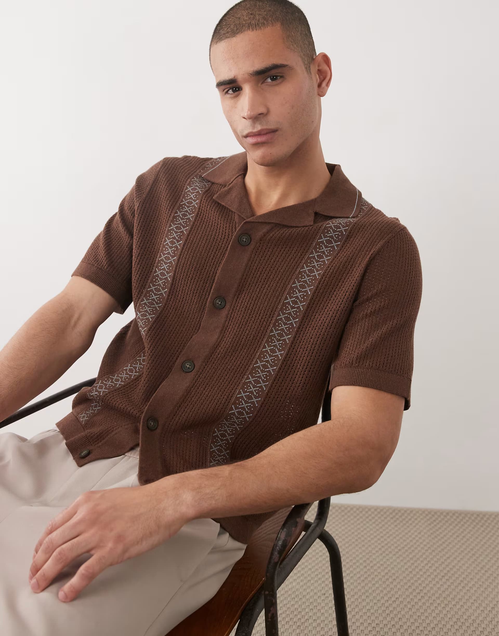 ASOS ONLY & SONS boxy fit knit shirt in brown with blue detail