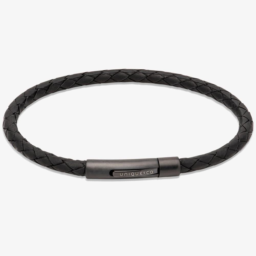 Unique Unique Men's Mens Black Leather & Black Stainless Steel Bracelet B503BL/21CM