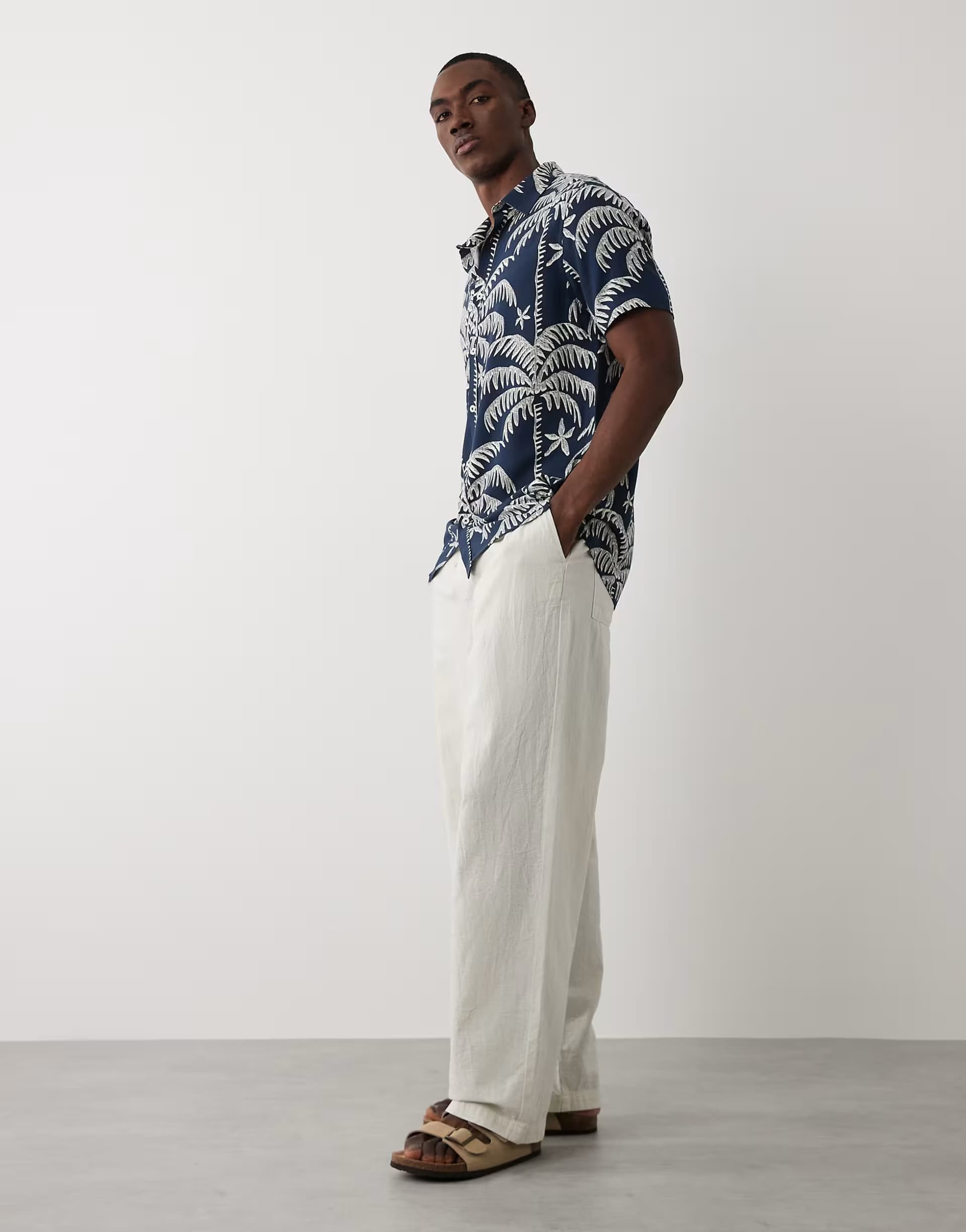ASOS Threadbare short sleeve shirt with palm tree print in navy