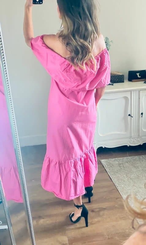 Never Fully Dressed Never Fully Dressed pink Bardot off shoulder midi dress size 8