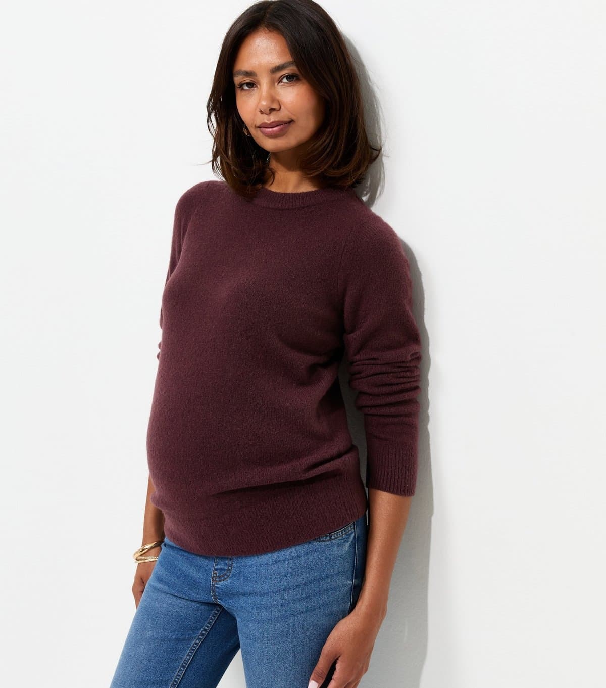 New Look Women's Maternity Dark Burgundy Knitted Set In Sleeve Crew Neck Jumper New Look