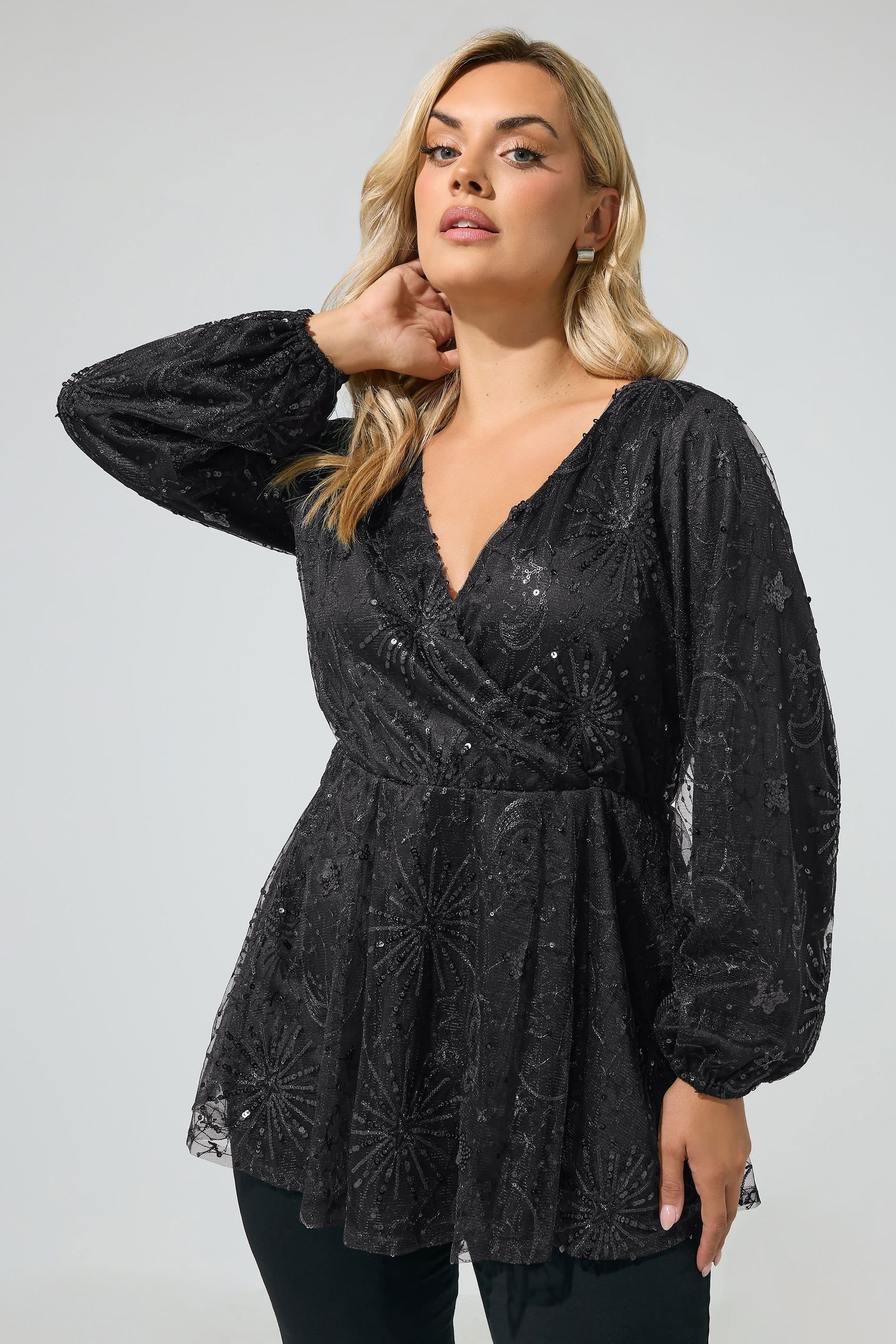 Yours Yours Women's Sequin Celestial Wrap Top in Black
