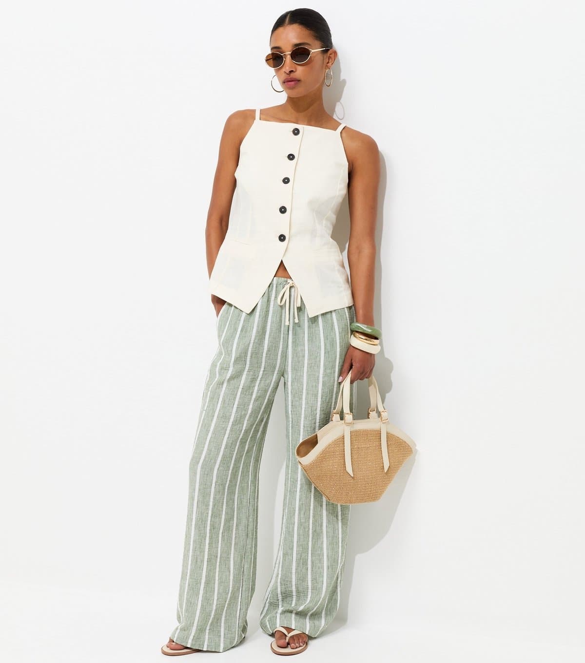 New Look Women's Green Striped Wide Leg Trousers New Look