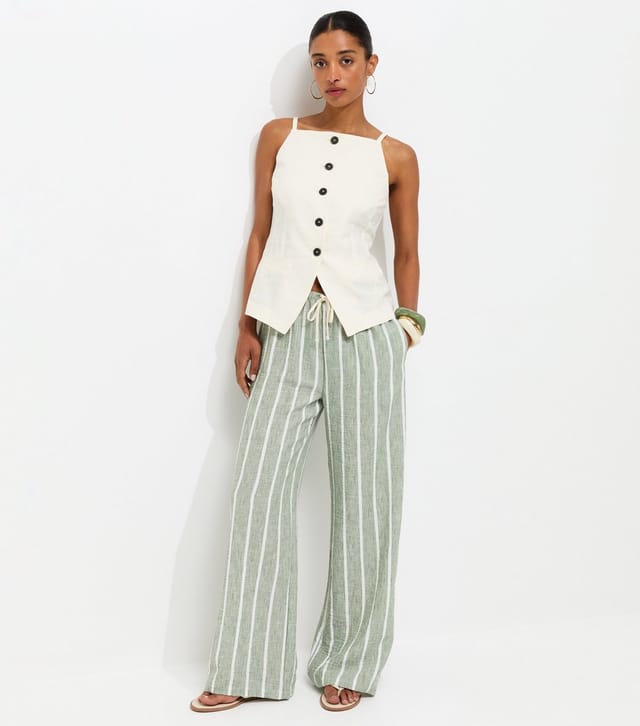 New Look Women's Green Striped Wide Leg Trousers New Look - 2