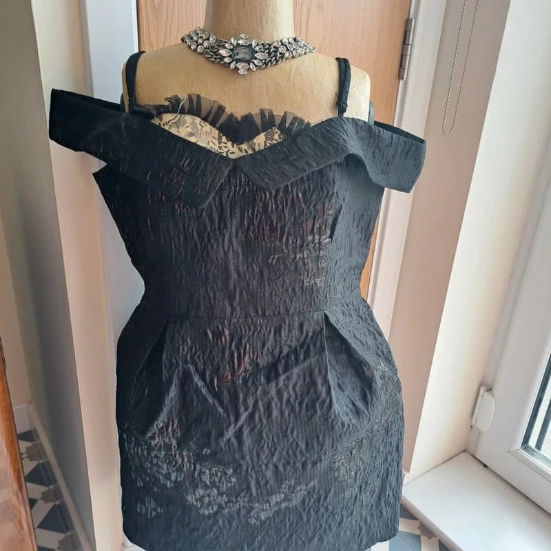New Look Little Black Dress Floral Jacquard Bardot Mini Dress size 14 Glam Goth Prom Kpop Artsy Dress