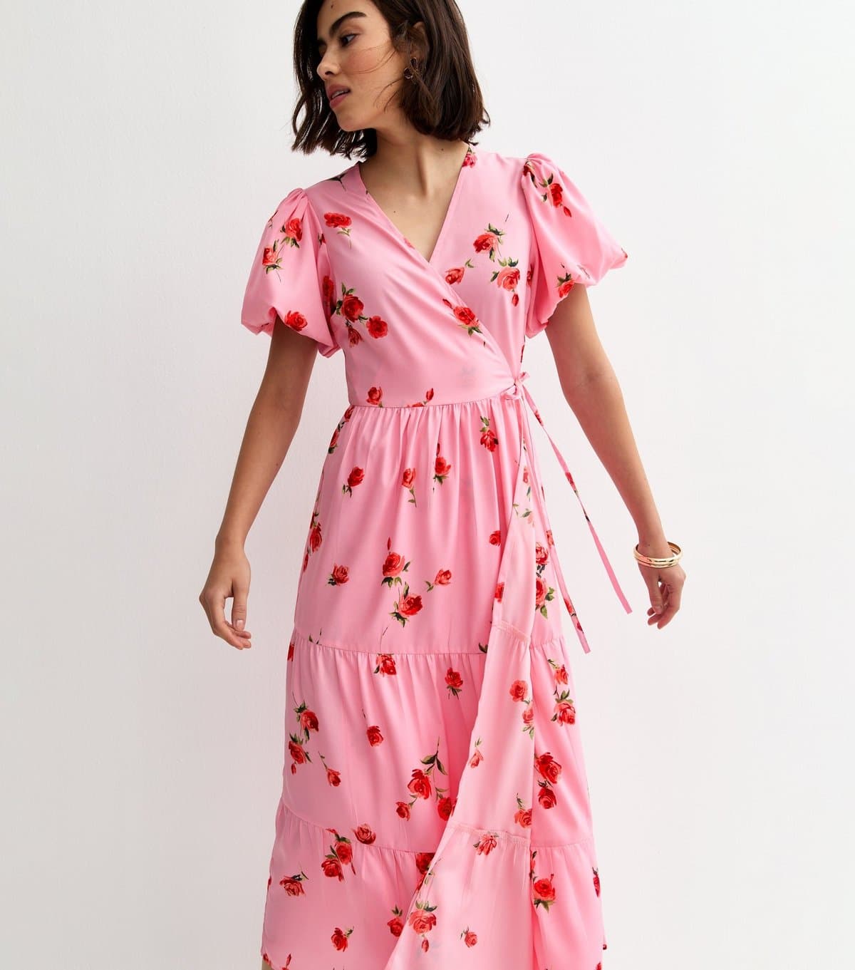 New Look Women's Pink Crepe Rose Print Wrap Midi Dress New Look