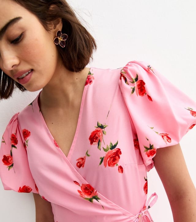 New Look Women's Pink Crepe Rose Print Wrap Midi Dress New Look - 3