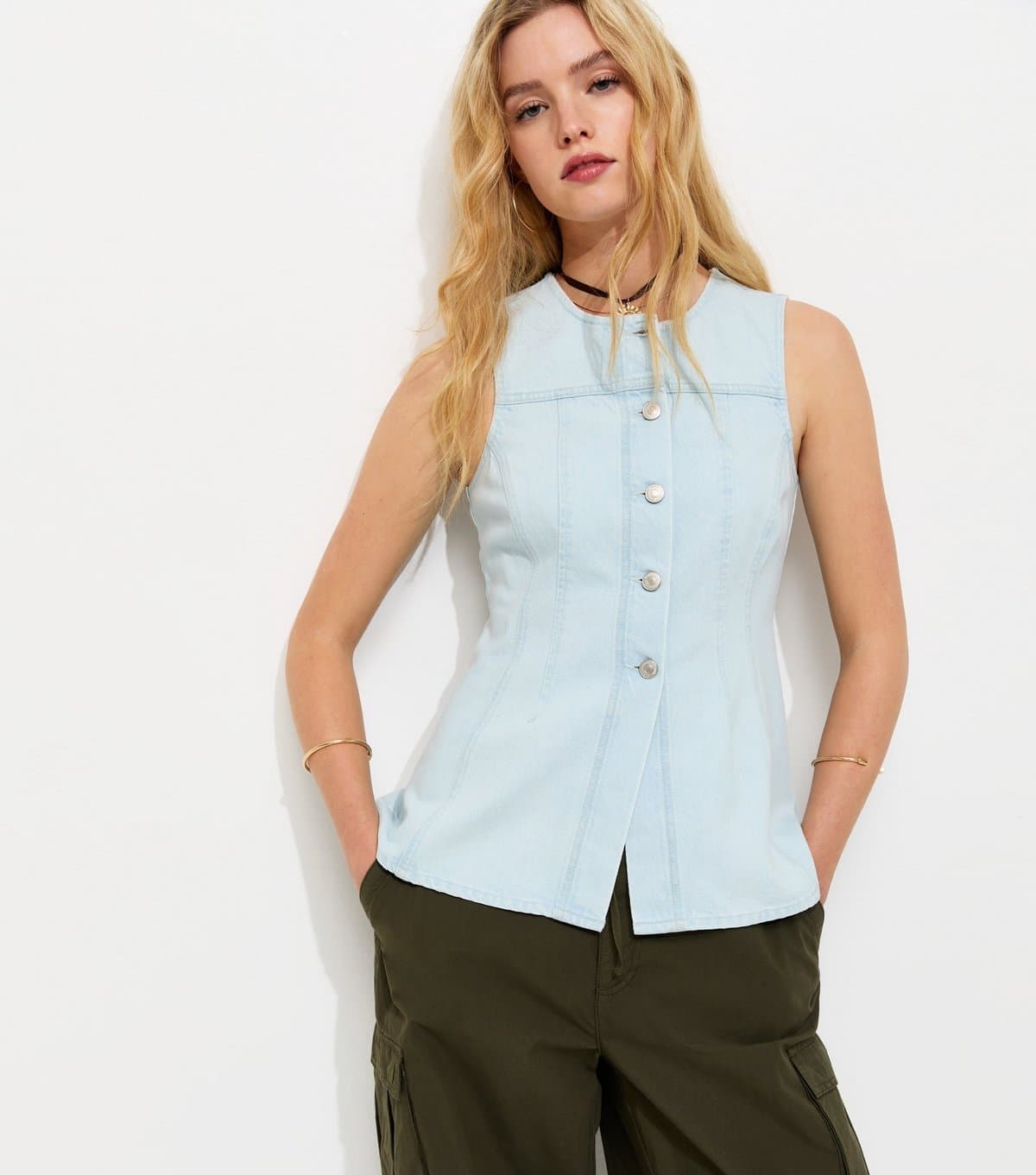 New Look Women's Light Blue Denim Panelled Longline Peplum Waistcoat New Look