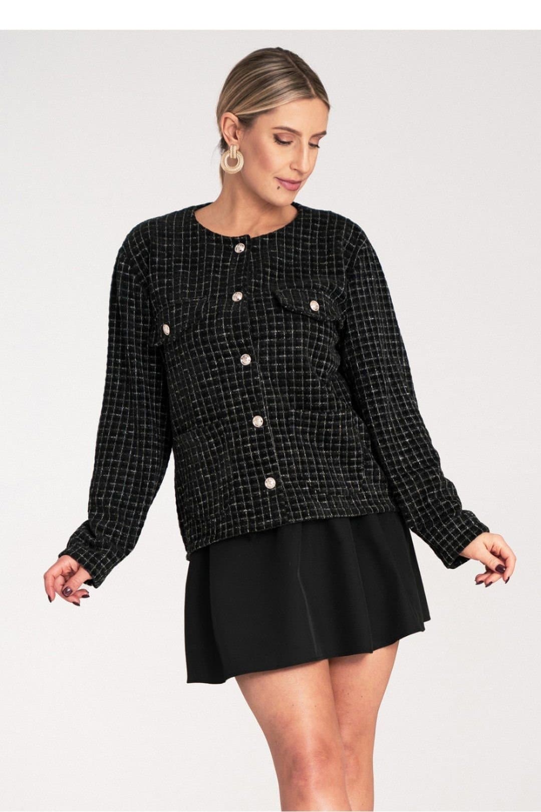 Love Lace Love Lace Women's Classic Checkered Tweed Jacket With Gold Buttons in Black