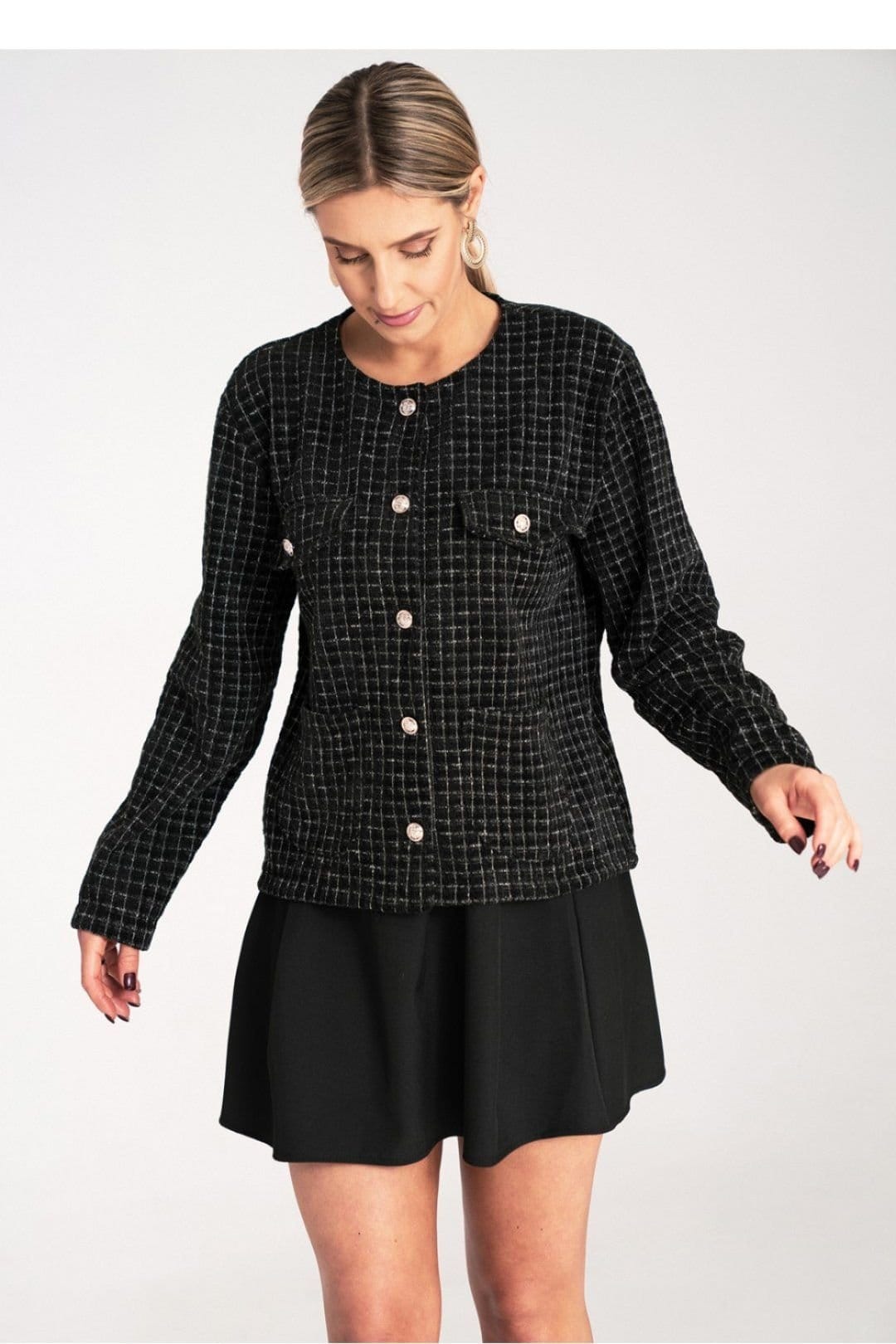 Love Lace Love Lace Women's Classic Checkered Tweed Jacket With Gold Buttons in Black - 4