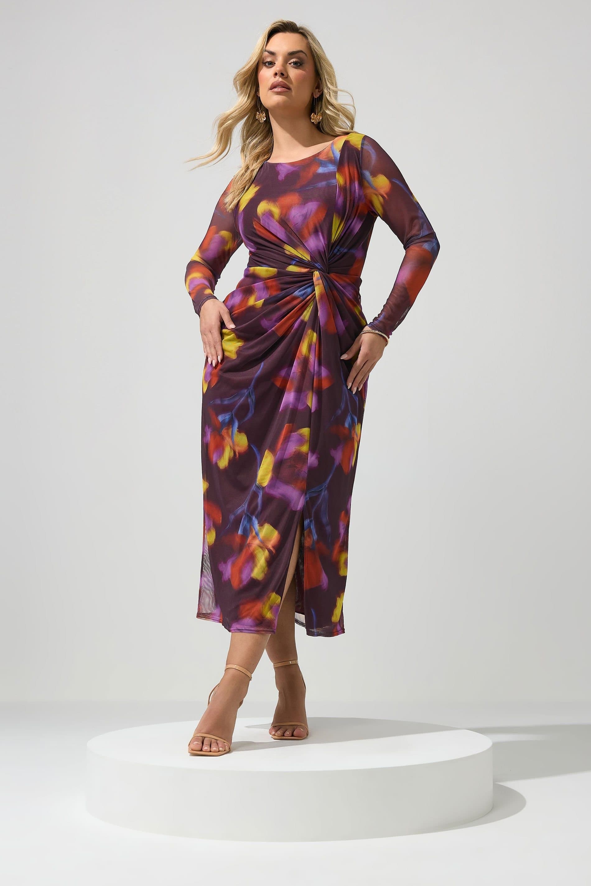 Yours Yours Women's Floral Mesh Midi Dress in Purple