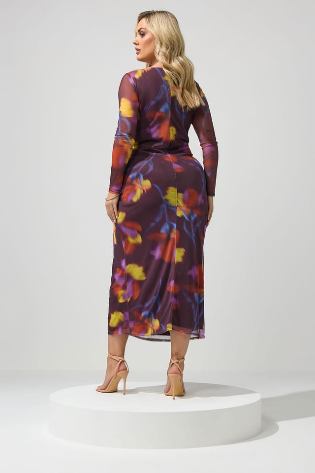 Yours Yours Women's Floral Mesh Midi Dress in Purple - 3