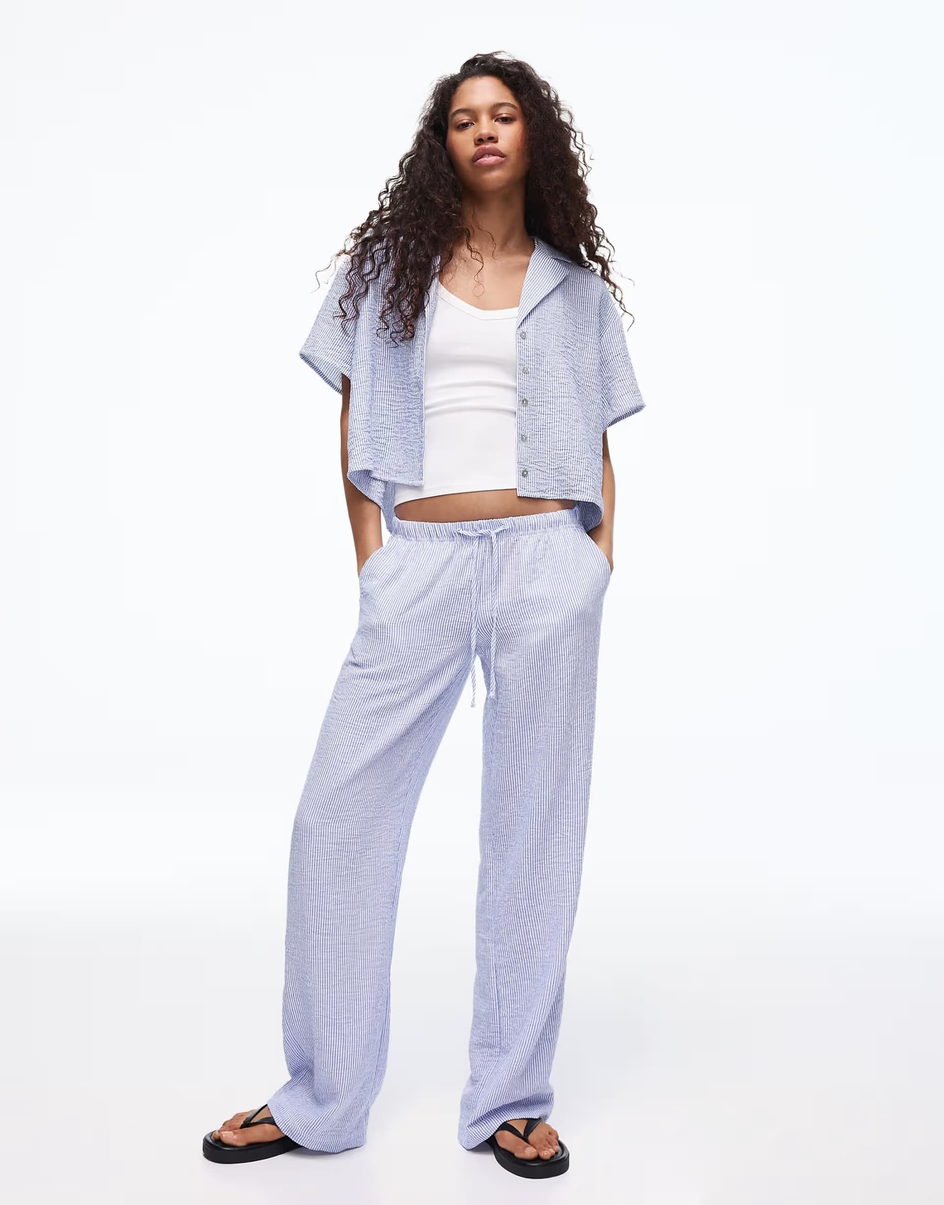 ASOS Bershka rustic linen blend set in denim blue