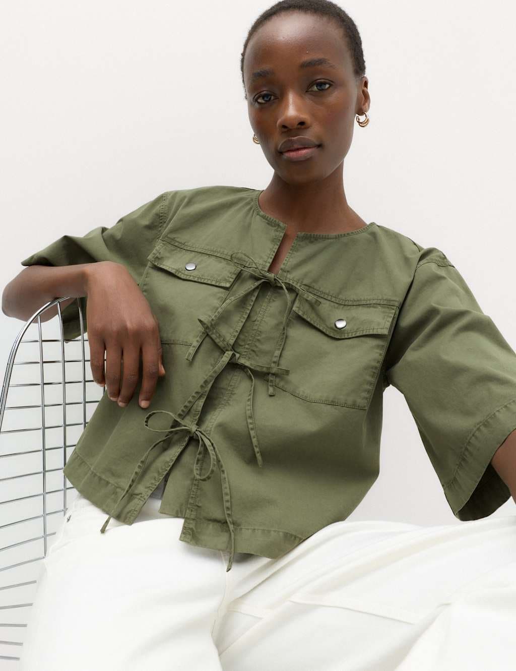 Marks & Spencer M&S Pure Cotton Utility Tie Front Cropped Blouse Dark Khaki