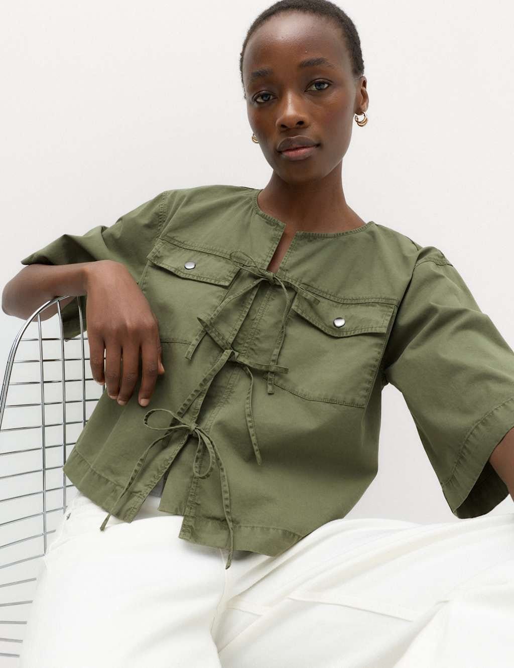 Marks & Spencer M&S Pure Cotton Utility Tie Front Cropped Blouse Dark Khaki - 1