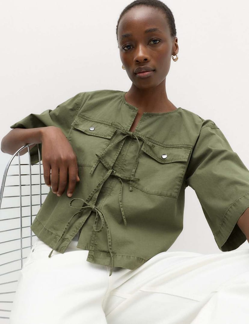 Marks & Spencer M&S Pure Cotton Utility Tie Front Cropped Blouse Dark Khaki - 1