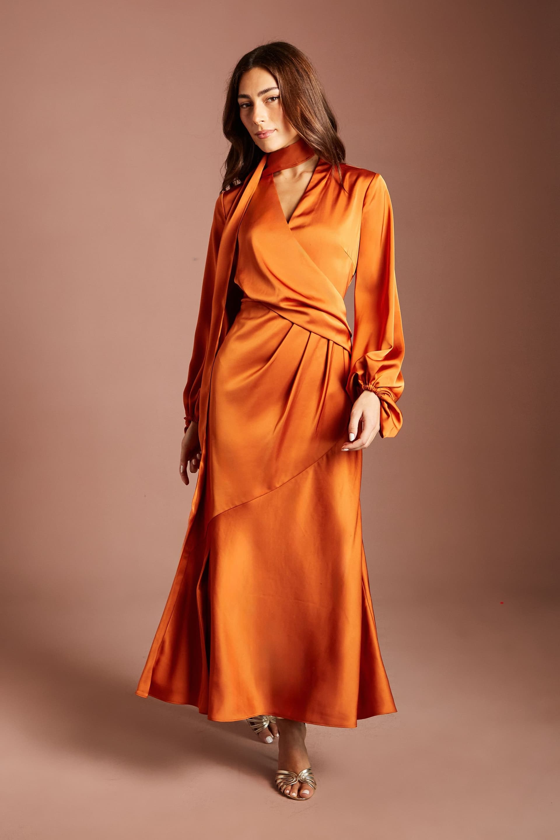Coast Coast Women's Wrap Bodice Blouson Sleeve Satin Midi Dress in Rust
