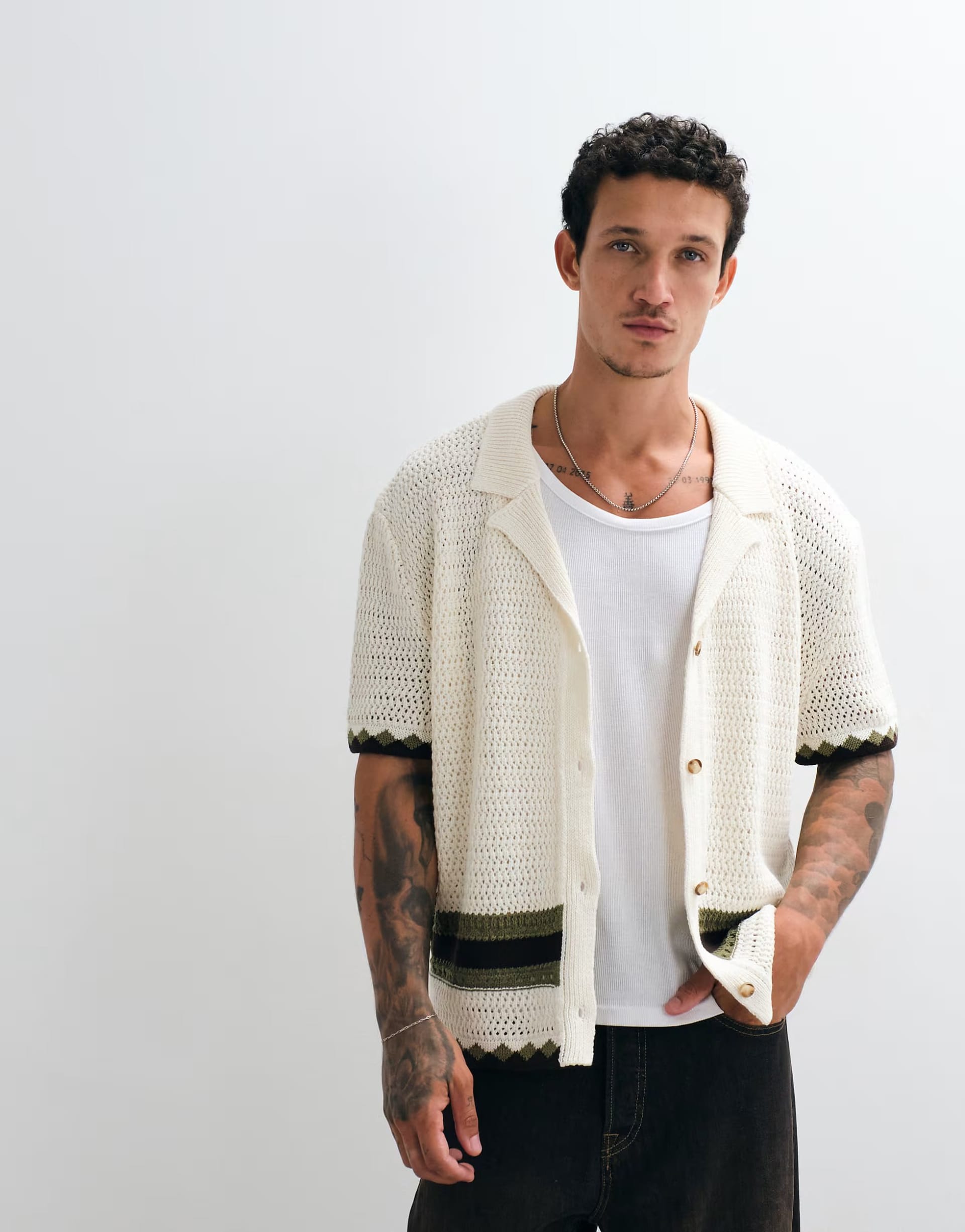 ASOS Ecru Crochet Knit Shirt with Olive Tipping