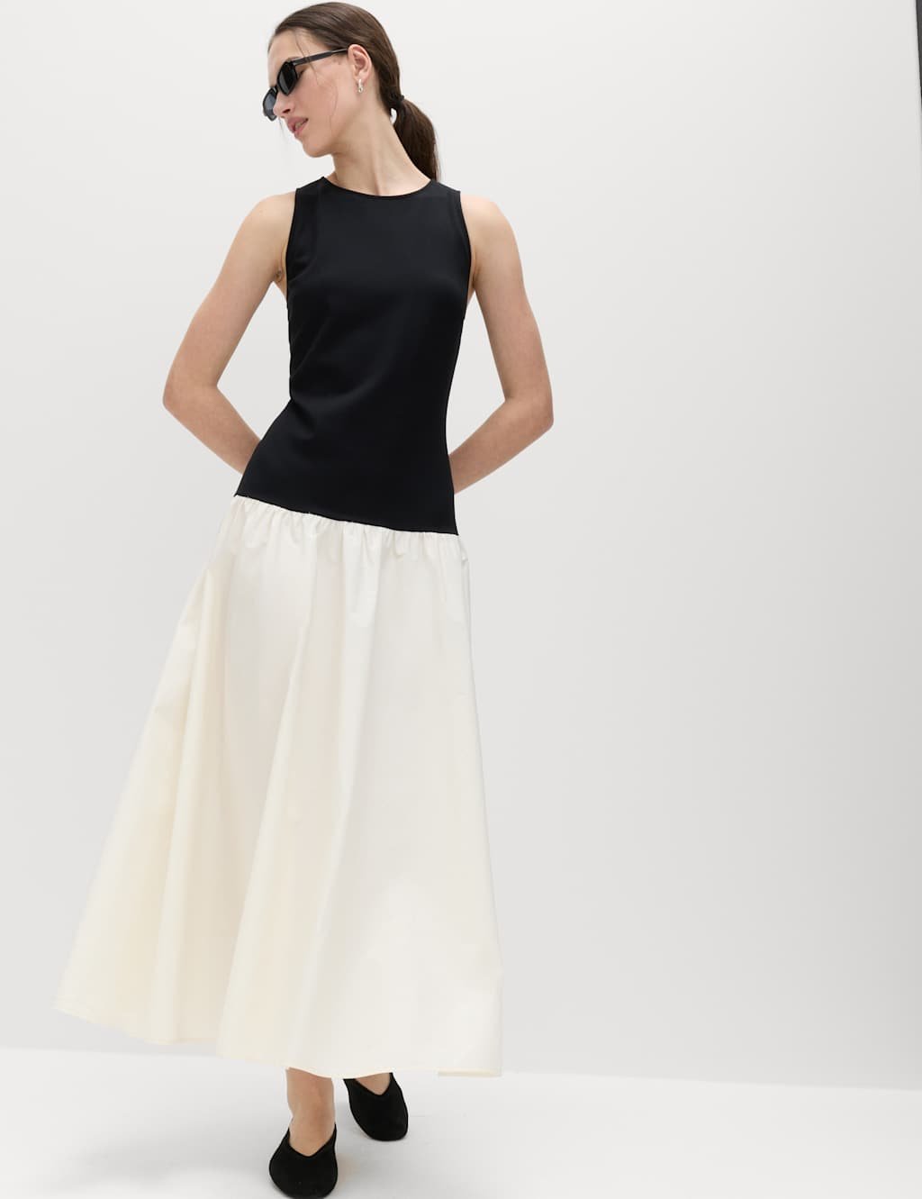 Marks & Spencer M&S Cotton Blend Contrast Midi Drop Waist Dress Black Mix - 3