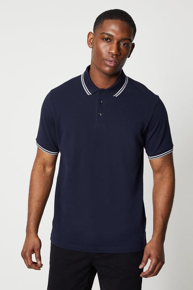 Maine Maine Men's 2 Pack Pure Cotton Tipped Polo Shirts White/Navy - 2
