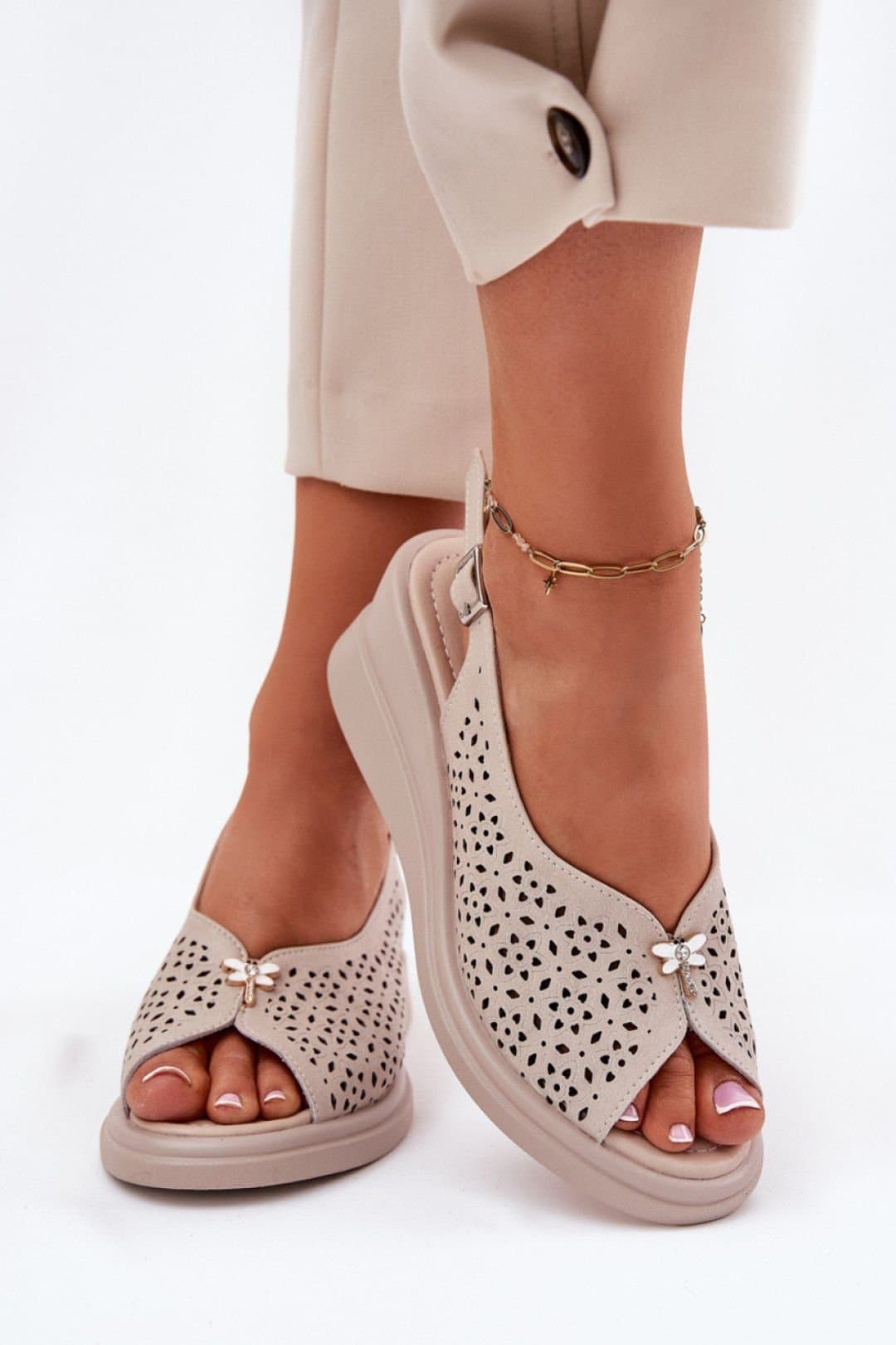 Love Lace Love Lace Women's Openwork Wedge Sandals with Buckle Comfort Insole in Beige