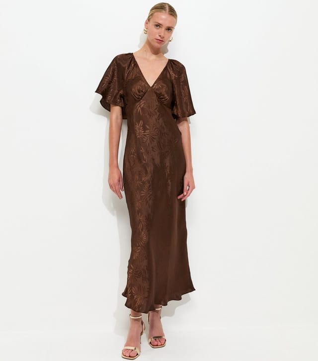 New Look Women's Dark Brown Palm Leaf Jacquard Flutter Sleeve Midi Dress New Look - 3