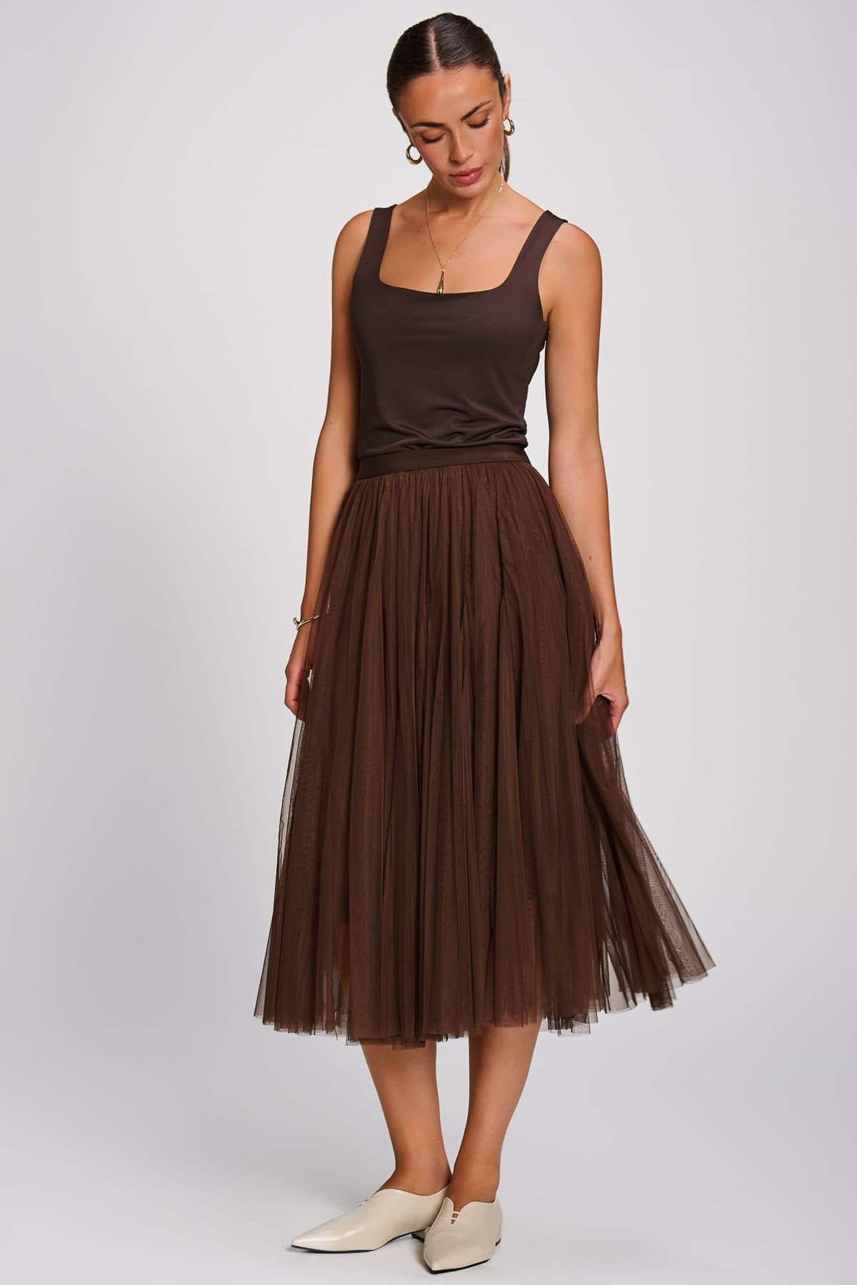 Jolie Moi Jolie Moi Women's Tulle Godet Midi Skirt in Brown