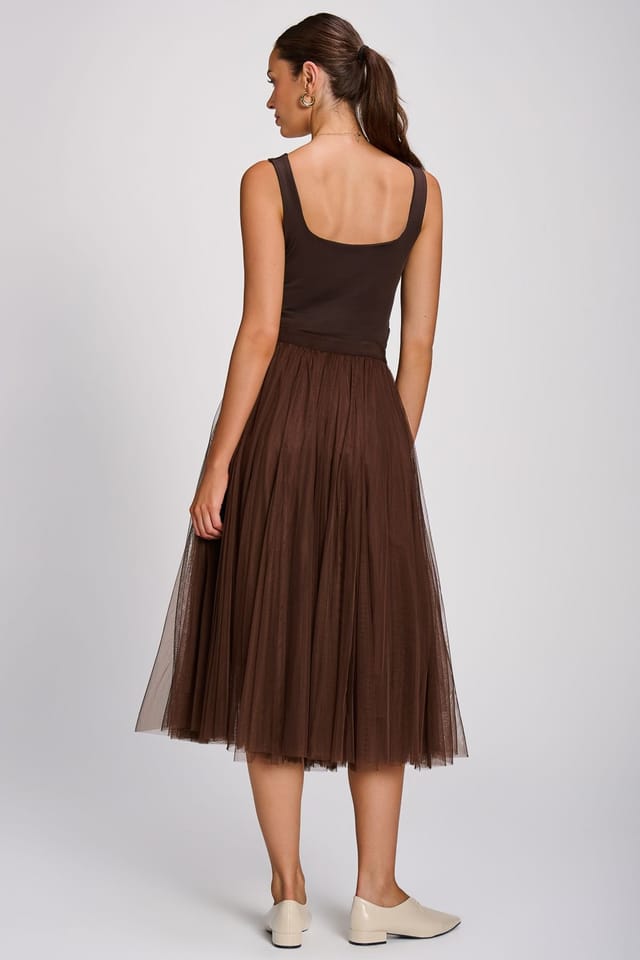 Jolie Moi Jolie Moi Women's Tulle Godet Midi Skirt in Brown - 2
