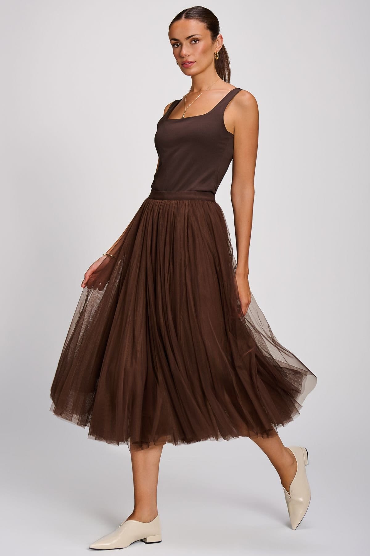 Jolie Moi Jolie Moi Women's Tulle Godet Midi Skirt in Brown - 4