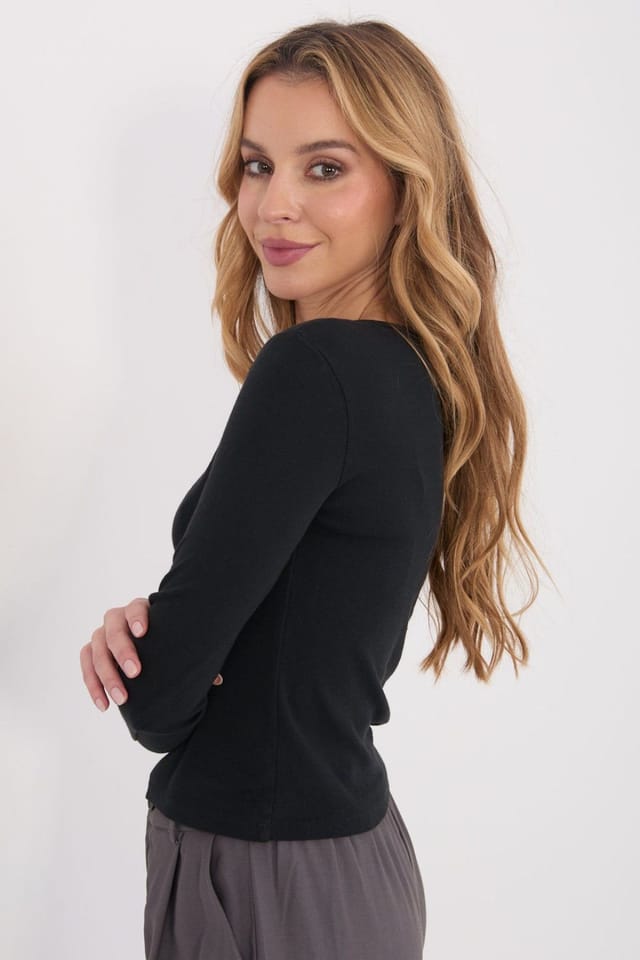Love Lace Love Lace Women's Fitted Cotton Long Sleeve Blouse with Buttons in Black - 2