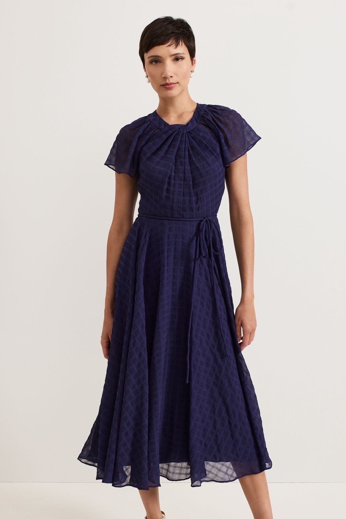 Phase Eight Dark Navy Textured Pleated Midi Dress